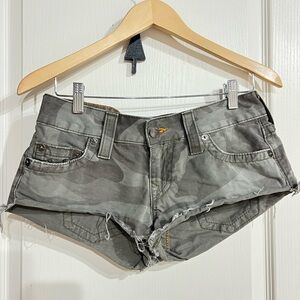 True Religion Gray Jean Shorts with Distressed Details